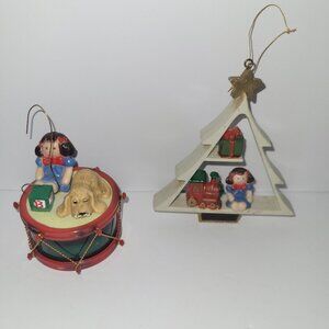 Vintage Plastic Ornaments Set of 2 * Rag Doll Girl, Dog, Drum, Train